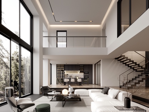  现代别墅挑空客厅3d模型 