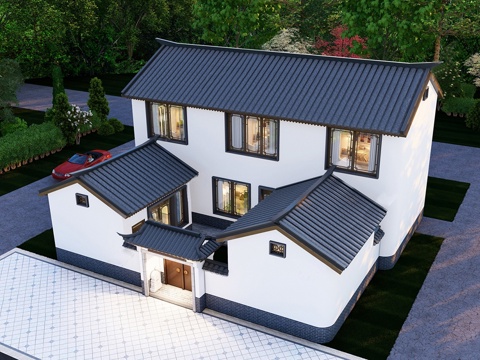 新中式别墅 独栋别墅 庭院景观su模型