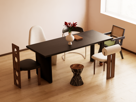 中古复古风餐桌椅su模型