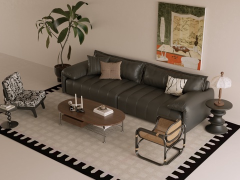 法式中古风沙发茶几单椅装饰画组合su模型