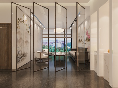  新中式会客厅新中式招待厅3d模型 