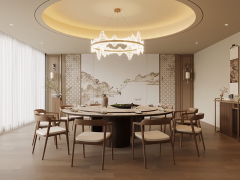 新中式酒店餐厅包厢 包间su模型