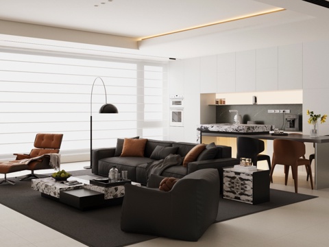 现代意式家居客厅 轻奢意式客厅 高级灰客厅 沙发茶几组合su模型