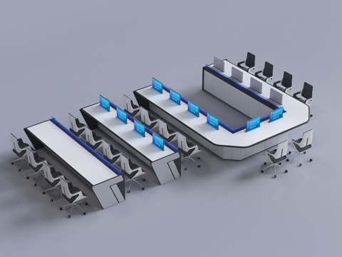 现代U型办公桌 指挥席 观摩席 指挥控制台 控制台 办公桌su模型