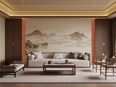 新中式客厅su模型