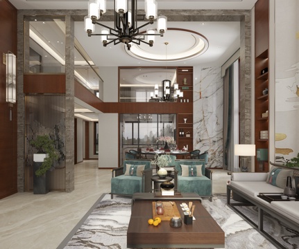  新中式别墅 挑空客餐厅3d模型 