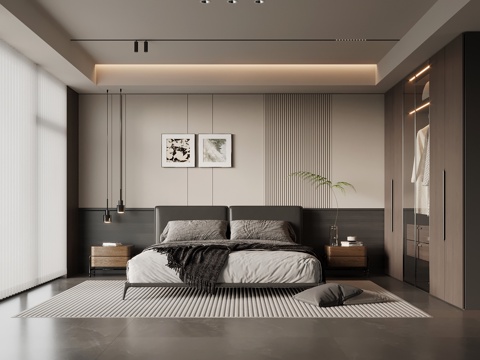  现代意式卧室 主卧 双人床 床头柜 衣柜 床头背景墙3d模型 