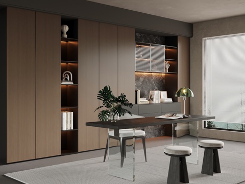 现代意式书房 书桌椅 办公桌椅 书柜su模型