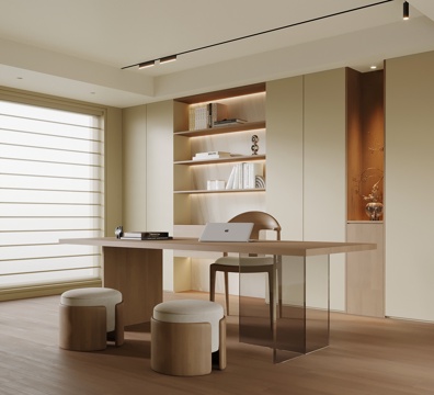 新中式书房 书桌椅 书柜su模型