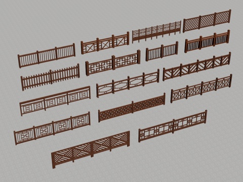 新中式景观围栏 中式栏杆 木护栏 篱笆栅栏su模型