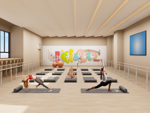 现代瑜伽馆 舞蹈室 瑜伽室 健身室 练功房 瑜伽垫  瑜伽球su模型