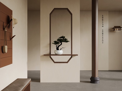 新中式玄关 换鞋凳 挂衣板su模型