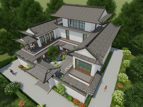 中式四合院 独栋别墅 庭院景观su模型