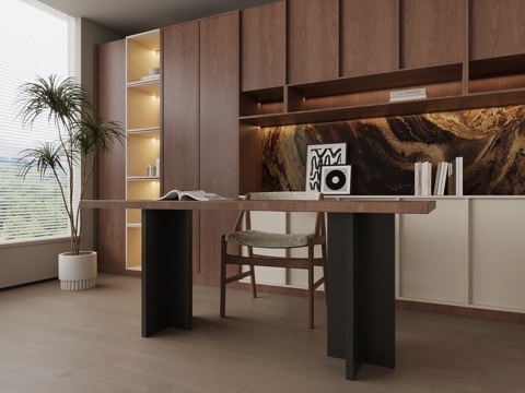 中古风书房 书柜 书桌椅su模型