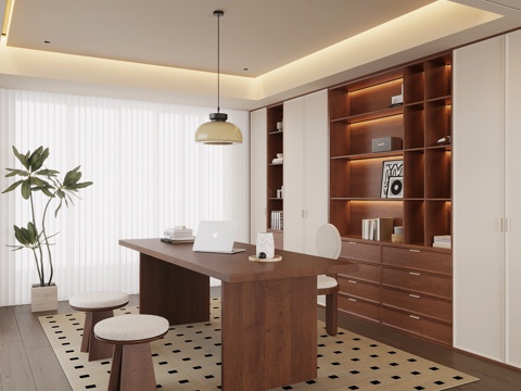 现代中古书房 中古风书柜 中古风书桌椅 实木书桌椅组合su模型