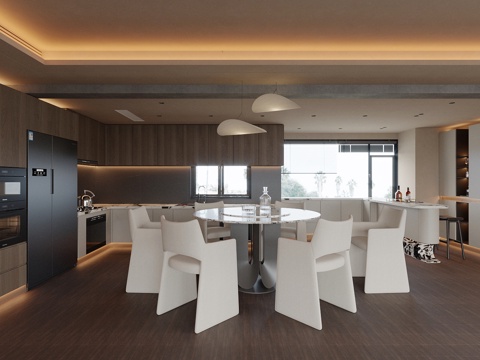 现代意式家居餐厅 轻奢意式餐厅 圆桌餐厅 岛台餐厅 厨房餐厅su模型