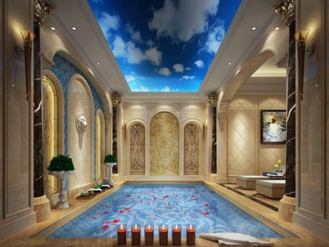  欧式古典洗浴中心 洗浴池 桑拿房 罗马装饰画 私人洗浴房3d模型 