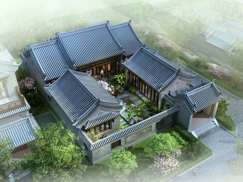 中式四合院  庭院景观 四合院建筑su模型