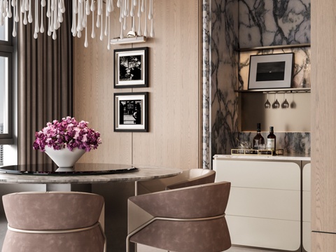 现代轻奢别墅餐厅 吊灯 餐桌椅isu模型