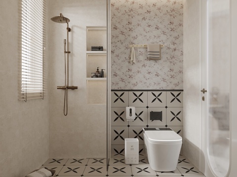 奶油风卫生间 干湿分离卫生间su模型