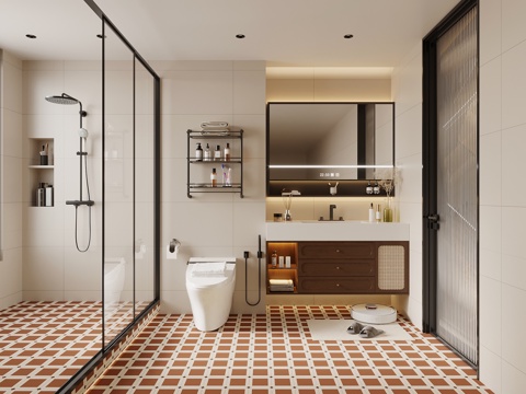  中古风卫生间 浴室柜 马桶 花洒 毛巾架3d模型 