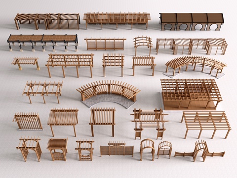 现代景观廊架 花架 葡萄架 长廊走廊 弧形廊架廊亭su模型