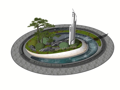 现代圆形水景 示范区水景喷泉 景观小品 精神堡垒su模型
