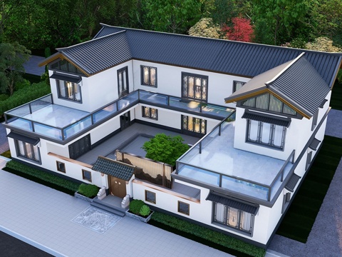 新中式别墅 独栋别墅 庭院景观su模型