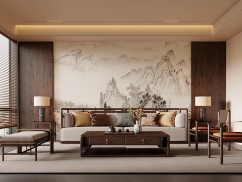 新中式客厅 沙发茶几组合 沙发背景墙su模型