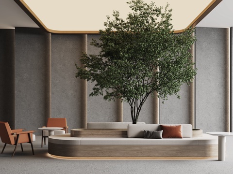  现代椭圆形卡座沙发 单人沙发 小圆桌 植物树3d模型 