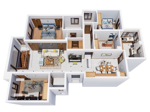 美式家装鸟瞰图 美式室内家装空间 鸟瞰图 美式家装样板房su模型