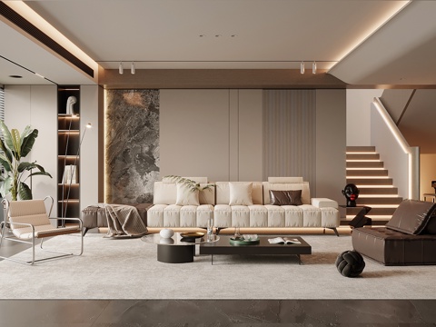 现代简约客厅 家居客厅 沙发茶几组合 沙发背景墙su模型