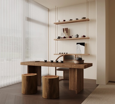 中古风茶室 茶桌椅 茶架su模型