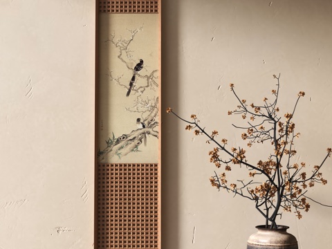 中式装饰挂画 花艺花瓶摆件su模型