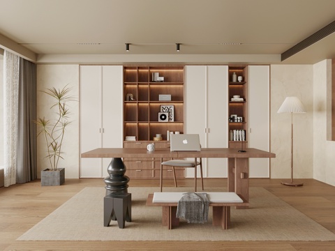 中古风书房 书柜 书桌椅su模型