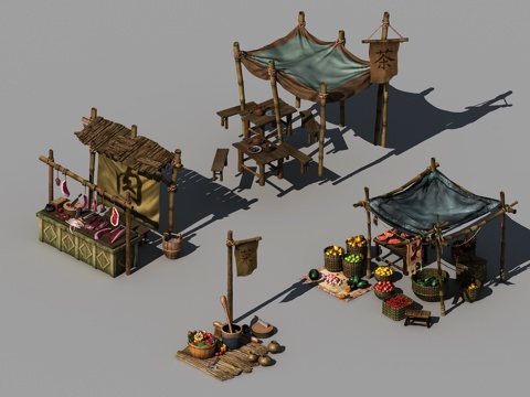  中式摊位 肉摊 茶摊 西瓜摊位 菜摊位 水果 猪肉挂肉架3d模型 