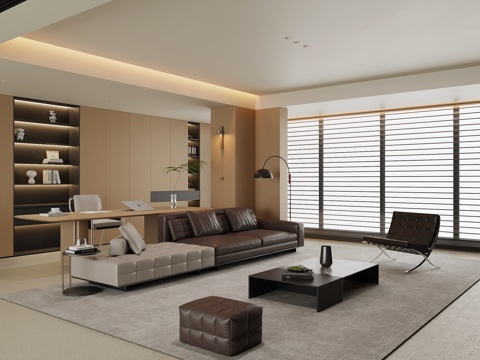 现代客厅 书柜 沙发茶几组合  书桌椅su模型