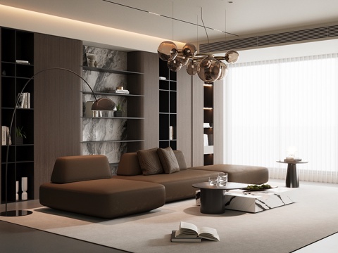 意式家居客厅 现代家居客厅 样板间客厅 沙发茶几组合 高级灰su模型