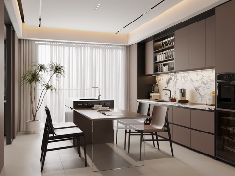 现代意式餐厅 酒柜 餐边柜 岛台su模型