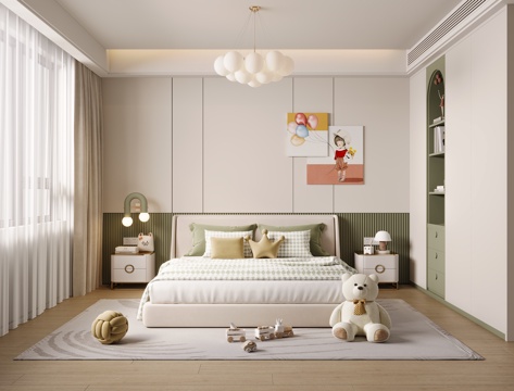 现代女孩房 儿童床 衣柜 床头柜 吊灯 壁灯 装饰画 玩偶su模型