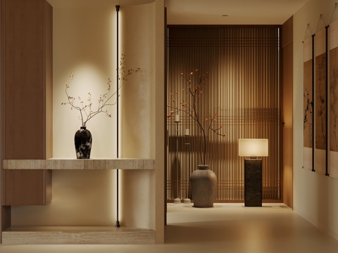 中古风入户玄关 原木风玄关柜 端景台玄关 别墅玄关 玄关背景su模型