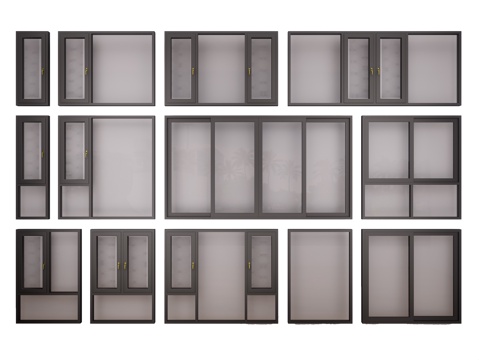 现代铝合金平开窗 铝合金推拉窗 断桥铝推拉门 窗户组合su模型