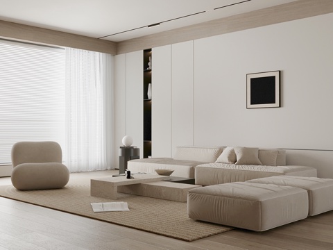 现代极简客厅 沙发茶几组合 背景墙su模型