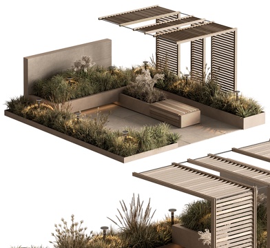 户外景观休息区 庭院凉亭 廊架 花坛 景观长凳su模型