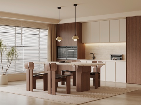 中古风餐厅 餐桌椅 餐边柜su模型