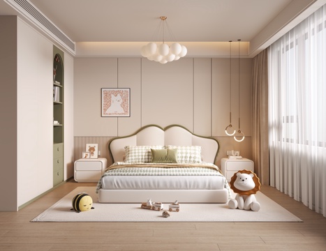 现代女孩房 儿童床 衣柜 床头柜 吊灯 装饰画 玩偶su模型