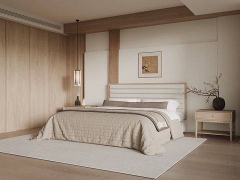 新中式卧室 双人床衣柜su模型