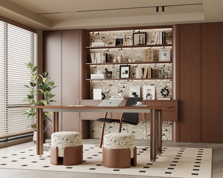 中古风书房 书桌椅 书柜su模型