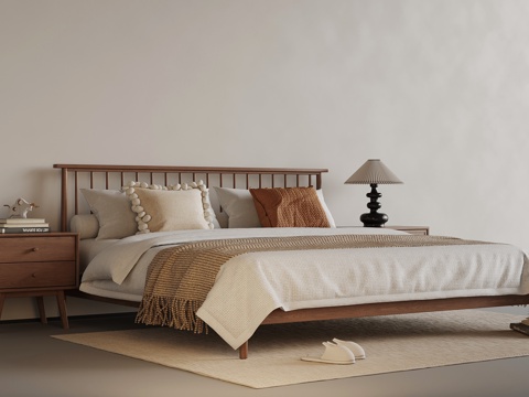 中古风双人床 床头柜su模型