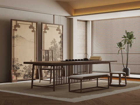 新中式茶室 茶桌椅 屏风su模型